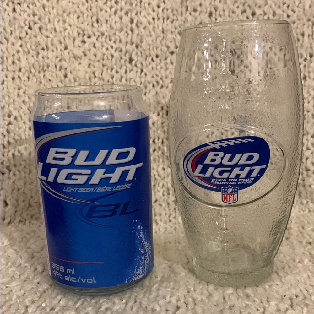 Two Bud Light drinking glasses.